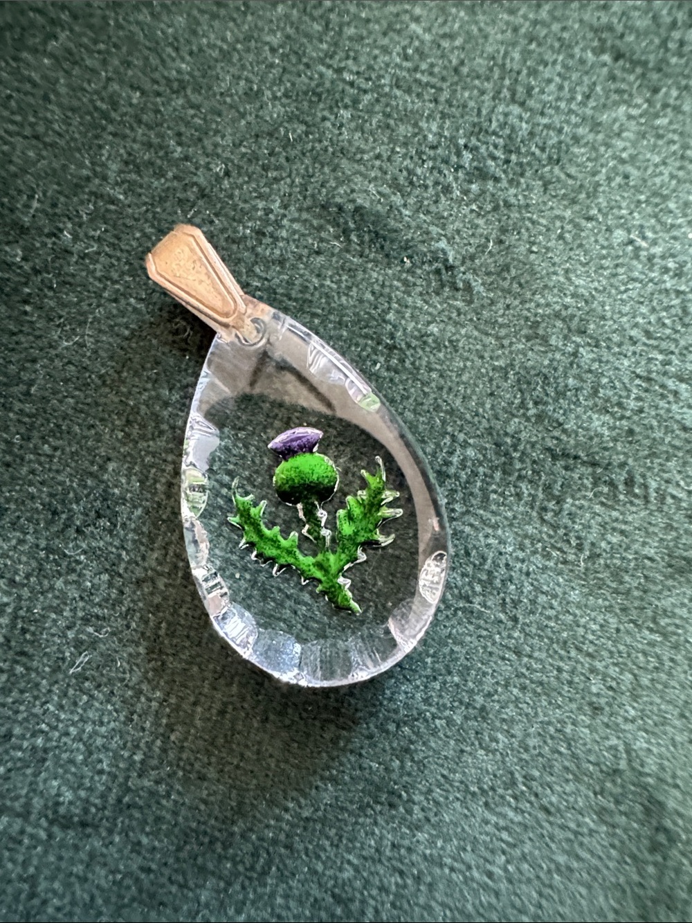 Clear Teardrop Pendant with Green & Purple Thistle Motif
